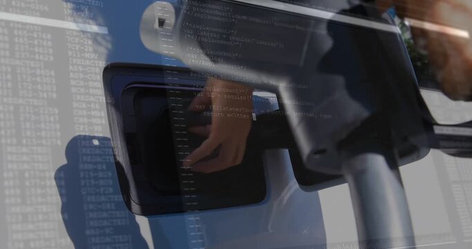 Woman touching flap, opening EV port, inserting connector to charge EV, phone reflection with code