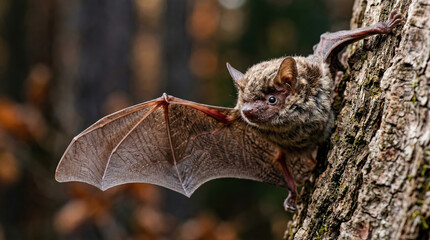 Naklejka premium A bat perches on a tree trunk, showcasing its wings and unique features. The photo captures a close-up view of the mammal's details