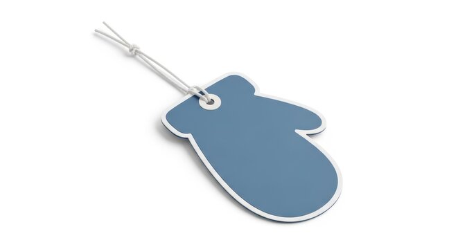 Blue mitten-shaped tag with white string for festive winter decor and gift packaging