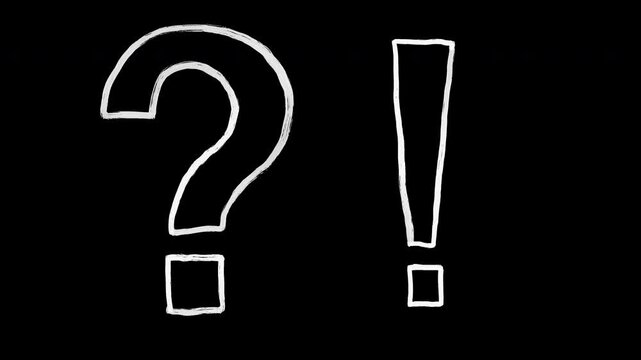 Animated white outline of question mark and exclamation point on black background. Minimalist linear style resembling chalk or crayon drawing. 2d motion elements for educational content