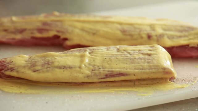 Brushing Dijon mustard over raw pork bon file on white cutting board, marinating meat preparation