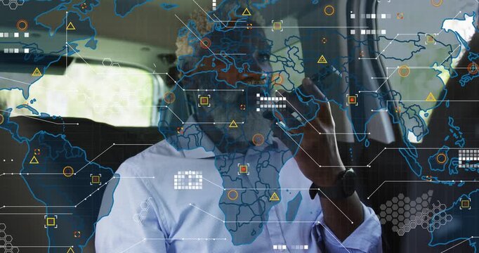 Middle-aged man speaking into phone in rear seat, initiating world map visualizing technology data