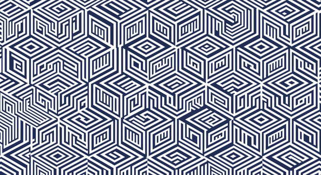 Abstract Geometric 3D Cube Pattern with Maze Lines