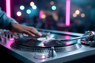 Obraz premium Close-up of a DJ mixing tracks on turntables in a dimly lit underground club, neon lights reflections, modern hip hop nightlife atmosphere