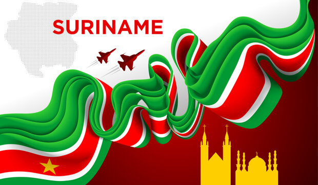 Suriname Flag Wave Abstract Background with Flowing Ribbon Design