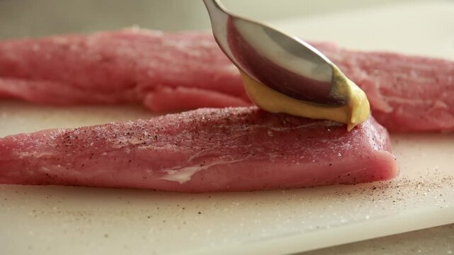Brushing Dijon mustard over raw pork bon file on white cutting board, marinating meat preparation