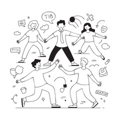Naklejka premium Diverse group of people dancing together in playful line drawing style with black and white coloring on clean background for teamwork