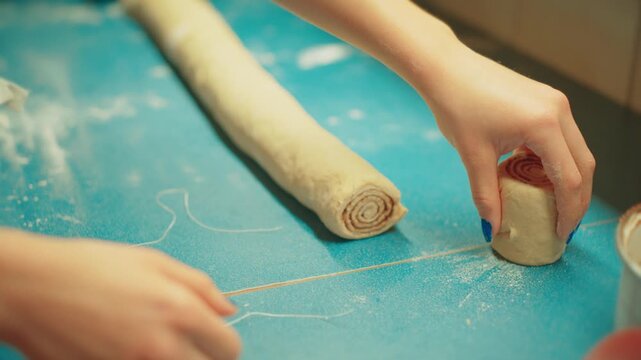 Close up of teenage hands using a knife to slice the dough log into individual cinnamon rolls. Perfect spiral cross-section of raw yeast pastry before baking.