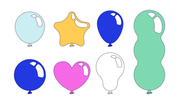 Party balloon shapes 2D cartoon objects set. Festive decor. Birthday ballons. Event decoration. Different baloons isolated elements flat vector clip arts on white. Spot illustrations collection