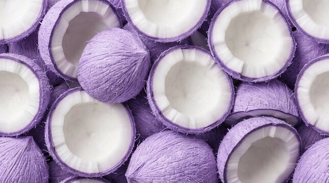 Vibrant purple coconuts halved and whole creating a textured tropical background