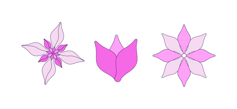 Stylized pink flowers 2D cartoon objects set. Spring blossoms. Motif floral. Blooming variety. Various flowerheads isolated elements flat vector clip arts on white. Spot illustrations collection