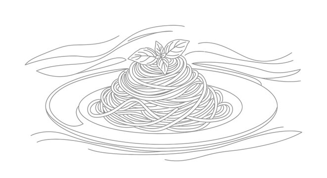 Plate of spaghetti with basil leaves, line art