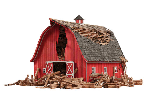 Rendered illustration of a dilapidated barn with a gaping hole in its roof, debris scattered