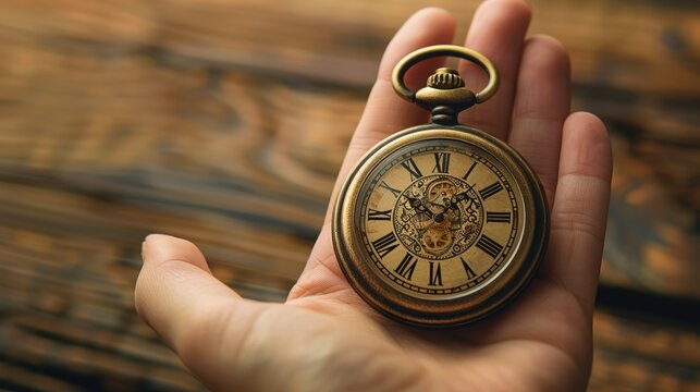 Mano sosteniendo un elegante reloj de bolsillo antiguo dorado con dise&ntilde;o vintage y cl&aacute;sico, s&iacute;mbolo del tiempo y la nostalgia, Generative AI