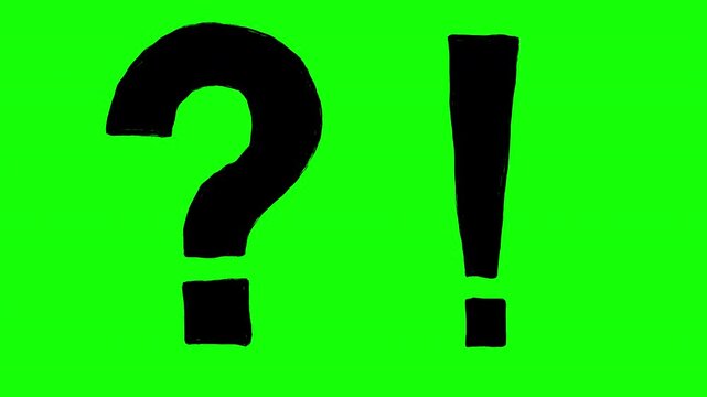 Animated hand drawn black question mark and exclamation point, both with rough, dynamic fill texture and vibrant green chroma key background.