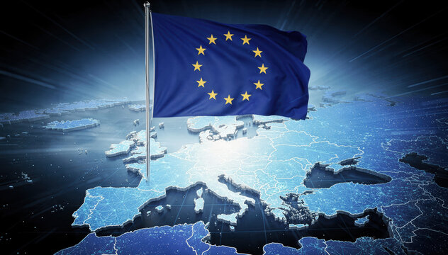 The flag of Europe waving proudly against a map of the continent