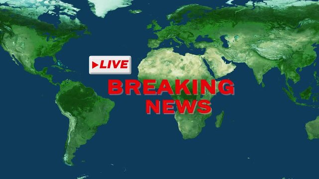 Breaking news live world map graphic for global news coverage. Live world map for urgent news alerts and international updates. Breaking news graphic for digital news platforms and media interfaces.