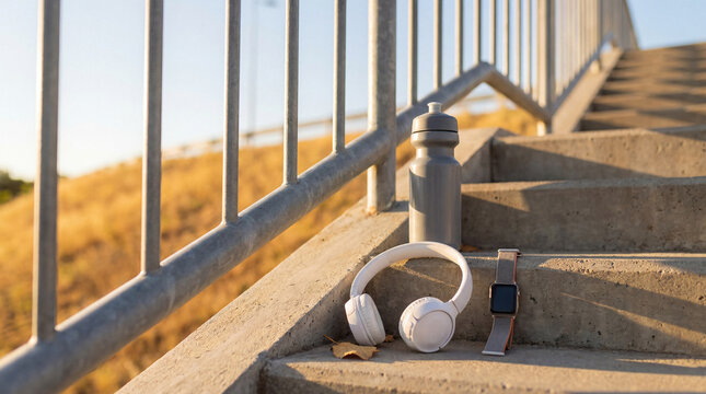 Essential fitness gear, including a water bottle, headphones, and smartwatch, rests on concrete outdoor stairs.