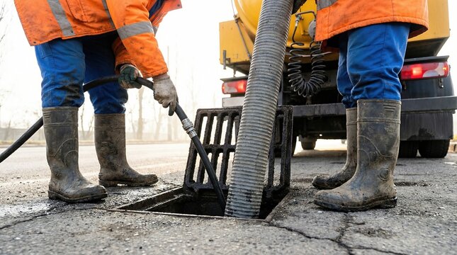 Workers repairing road with asphalt patching machine