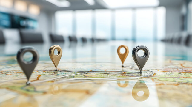 Digital marketing e commerce location pin map route planning office meeting modern workspace