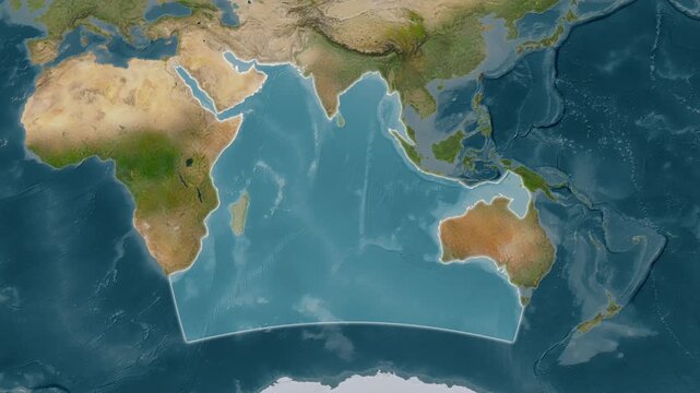 Indian Ocean Including Sub Basins - Highlighted Geographic Boundaries on Natural Color Map
