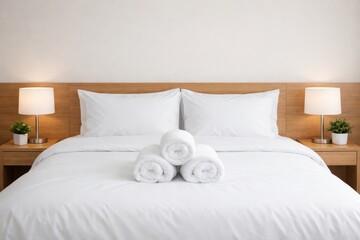 Obraz premium Serene Bedroom Retreat: A perfectly made bed with crisp white linens and rolled towels sits center stage, flanked by elegant bedside lamps and minimal decor.