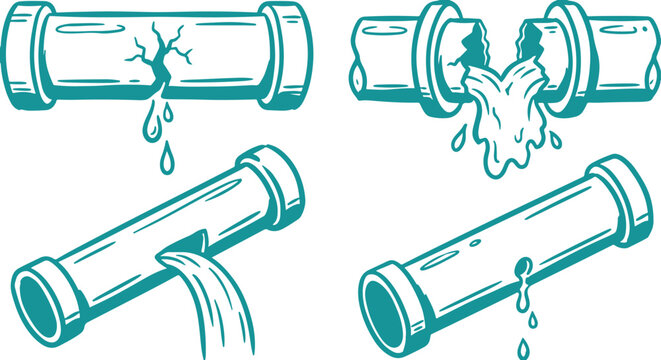 Hand Drawn Broken Pipe Leak Silhouette Vector Illustration Set with Water Drip and Burst Plumbing Damage Design.