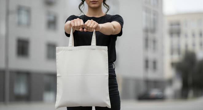 Young woman holding white textile eco bag against urban city gray background outside wearing black casual clothes ecology or environment protection concept white eco bag for mock up tote bag mockup mo
