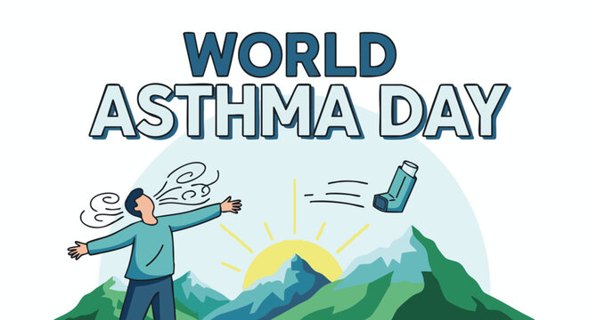 Man with asthma inhaler outdoors in mountains on sunny day for health awareness