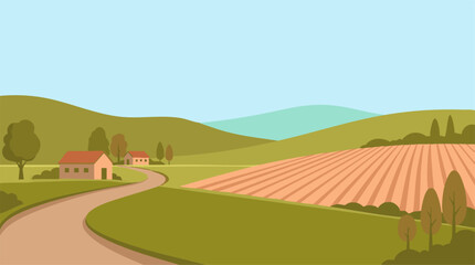 Naklejka premium Countryside scene illustration with houses, green hills, and plowed field.