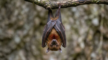 Naklejka premium A bat hanging upside down from a tree branch, with a blurred background. The bat is a nocturnal mammal with wings, and it is in a natural habitat.