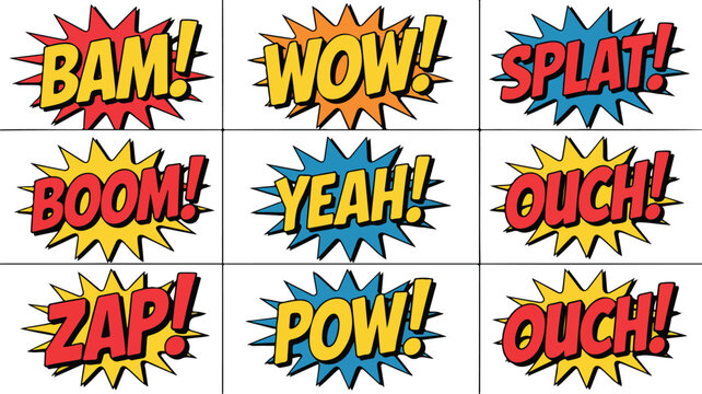 Bright pop art comic bursts set with bam wow boom zap pow text effects arranged in grid layout vector design