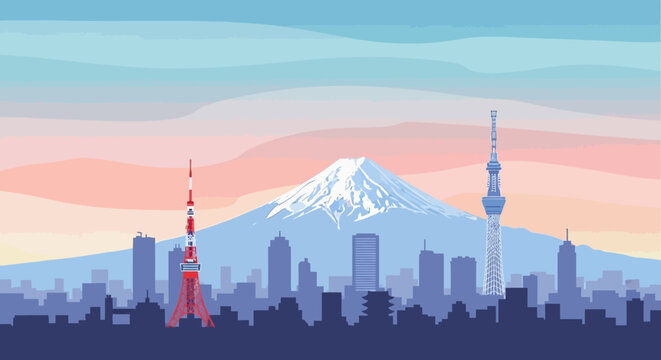 Tokyo City Skyline with Mount Fuji at Sunset Vector Illustration