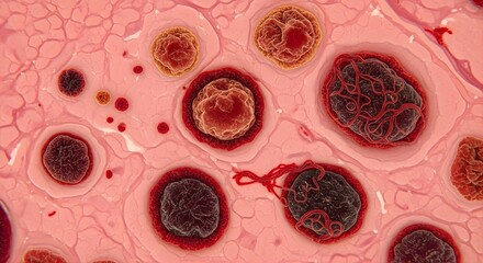 Fototapeta premium Microscopic View of Cancer Cells in Red and Black Tones