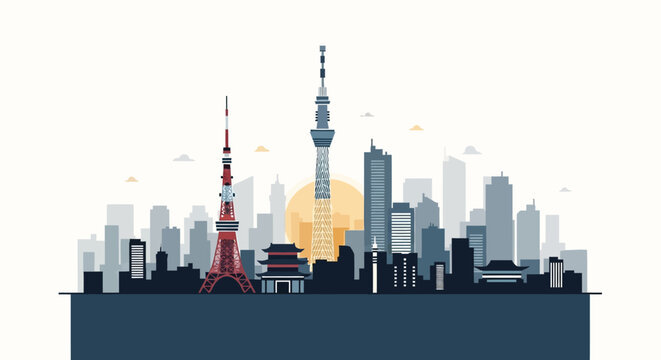 Tokyo City Skyline Silhouette with Iconic Landmarks and Sunset