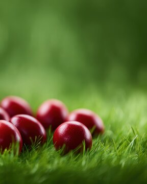 red Easter eggs on lush green grass fresh spring holiday background with copy space