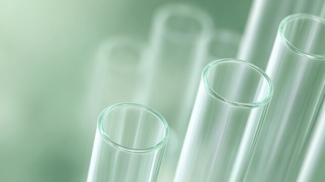 transparent laboratory test tubes forming abstract medical science background soft green lighting