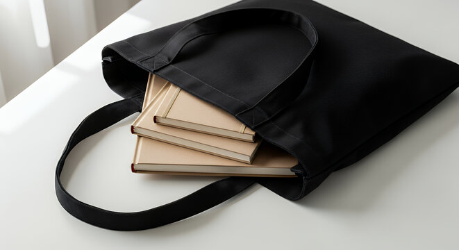 Black tote bag mockup with notebooks on a white table tote bag mockup mockup fabric bag tote blank canvas cloth design eco fashion cotton shopping empty background