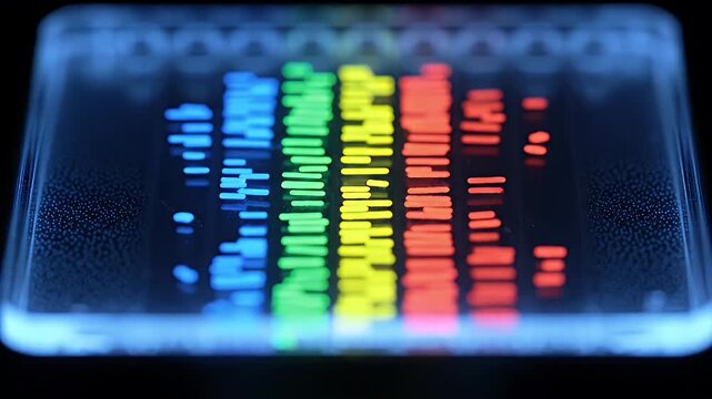 DNA gel electrophoresis displaying separated fragments in gradient color spectrum