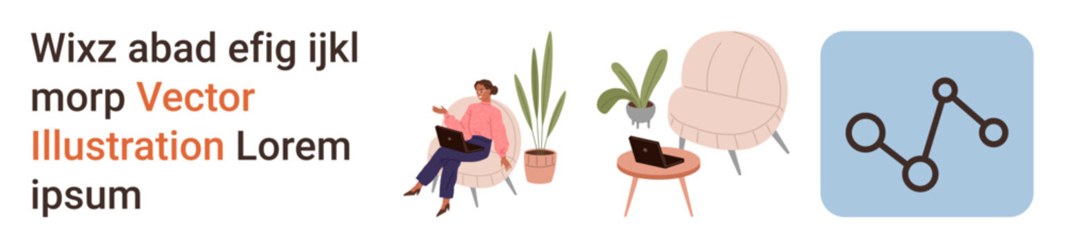 Remote work, digital communication, networking, home office, workplace productivity, online connectivity. A woman with a laptop, plants and chairs alongside a tech network icon. Remote work