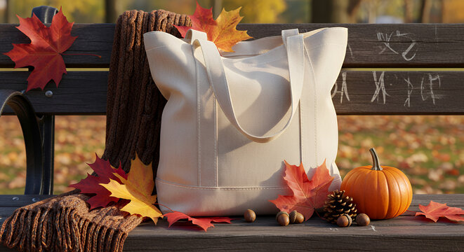 Tote bag mockup with autumn decor on park bench tote bag mockup mockup fabric bag tote blank canvas cloth design eco fashion cotton shopping empty background