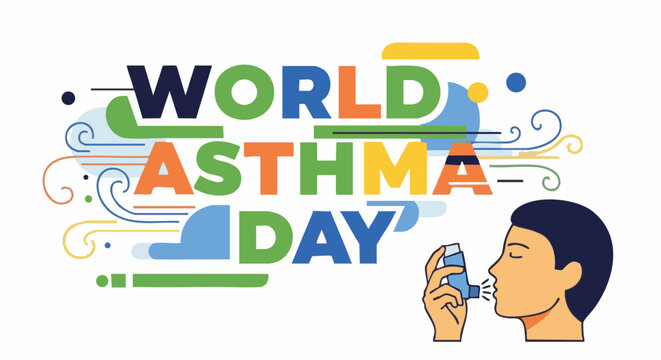 Asthma awareness colorful illustration with person inhaling from asthma inhaler for health campaign