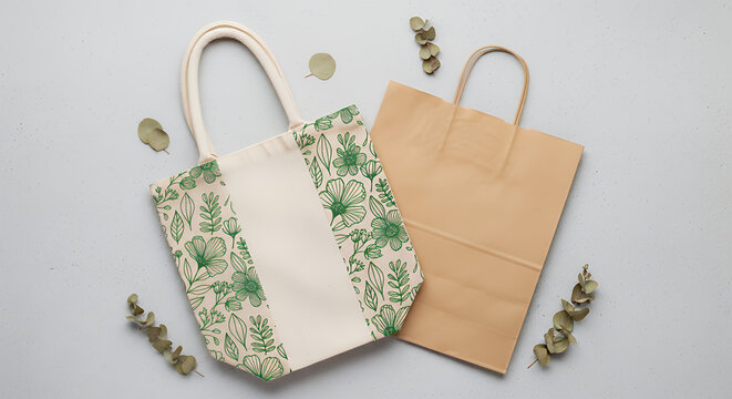 Tote bag and shopping bag flat lay image of a simple unbranded jute or linen shopping tote bag with a hand-drawn floral or leaf design printed in a single color on the side panel mockup tote bag mocku
