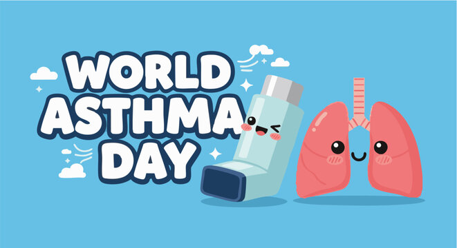 Asthma awareness cartoon lungs with inhaler in playful happy lighting for health campaign