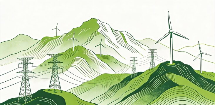 Minimalist line art illustration of wind turbines and power pylons on green mountain ranges, Ideal for sustainability campaigns, green tech presentations, eco-friendly projects.