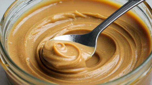 Slow motion of creamy peanut butter being stirred with spoon showing smooth texture and rich food consistency close up