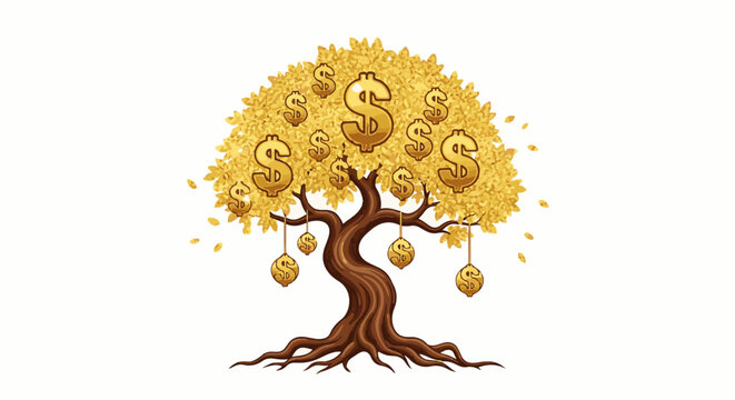 A stylized brown tree with golden leaves and hanging dollar signs, symbolizing wealth