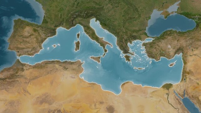 Mediterranean Sea Including Sub Basins - Highlighted Geographic Boundaries on Natural Color Map