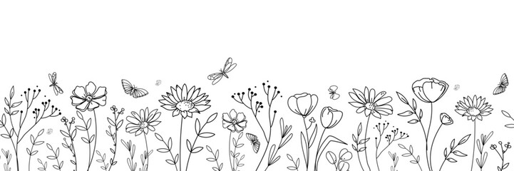 Hand drawn wildflower seamless border with delicate line art flowers and botanical elements growing in a horizontal meadow composition elegant design for invitations banners and backgrounds.Vector