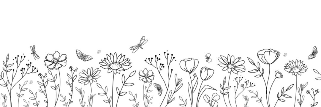 Hand drawn wildflower seamless border with delicate line art flowers and botanical elements growing in a horizontal meadow composition elegant design for invitations banners and backgrounds.Vector